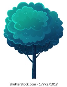 Árbol alto caducifolio, color azul marino, estilo de dibujos animados planos aislados en blanco. Árbol forestal, magnífica corona. Roble, haya, viga de cuernos, vegetación diversa. Ilustración botánica para juegos, banners, sitios