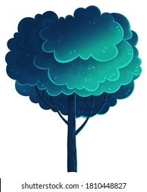 Deciduous tall tree, navy blue color, flat cartoon style isolated on white. Forest tree, magnificent crown. Oak, beech, hornbeam, diverse vegetation. Botanical illustration for games, banners, sites