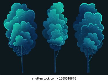 Große Bäume, dunkelblaue Farbe, flacher Cartoon-Stil, einzeln auf Blau. Große Bäume, üppige Krone, Wald. Eiche, Buche, Hornstrahl, vielfältige Vegetation. Botanische Illustration für Spiele, Banner, Websites