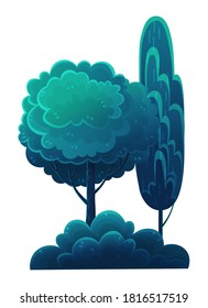 Deciduous tall trees, navy blue crown, flat cartoon style isolated on white. Forest tree, lush foliage. Oak, beech, hornbeam, diverse vegetation. Botanical illustration for games, banners, sites