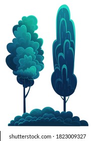 Deciduous tall trees, navy blue crown, flat cartoon style isolated on white. Forest tree, lush foliage. Oak, beech, hornbeam, diverse vegetation. Botanical illustration for games, banners, sites