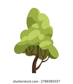 Deciduous tree with fluffy green canopy. Summer forest plant. Leaf crown, branches and tall trunk. Botanical nature element for landscaping. Flat vector illustration isolated on white background