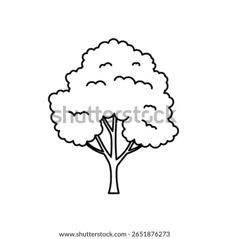 A deciduous tree with a full canopy of leaves, drawn in a simple line art sketch style. An illustration representing foliage and nature.