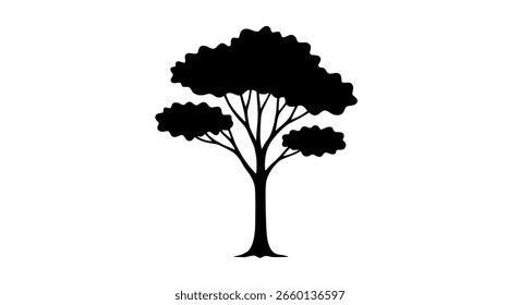 Árvore decídua com um dossel cheio, exuberante, como um ícone de silhueta preto sólido. Um gráfico simples para parques, natureza, jardins ou ecologia.