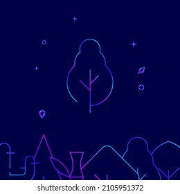 Deciduous tree gradient line vector icon, simple illustration on a dark blue background, forest, garden related bottom border.
