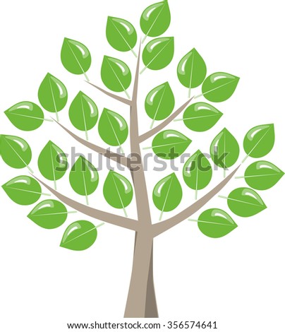 Deciduous tree with green fresh leaves after bud break in the spring. Symbolic graphic on white background.