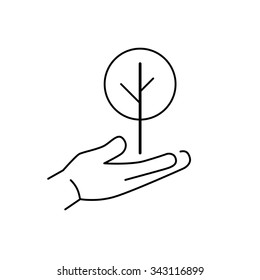 Deciduous tree growing in hand ecology and environment vector icon and infographic black on white background