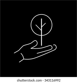 Deciduous tree growing in hand ecology and environment vector icon and infographic white on black background