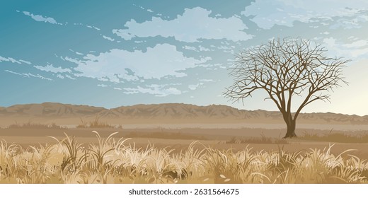 Deciduous tree in the middle of a grassland in autumn with mountain ranges far away have blue sky background graphic illustration.