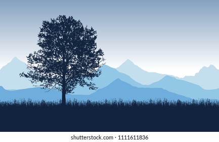 Deciduous tree on the grass with blue mountains in the background, under the morning sky - vector