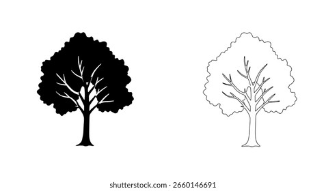 Deciduous tree vector set with two illustrations, a solid black silhouette and a detailed black and white outline with visible branches.