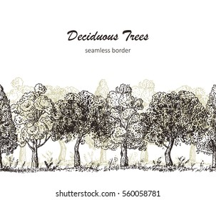 Deciduous Trees Horizontal Seamless Border. Hand Drawn Tree Sketch. Ink pen drawing. Vector illustration