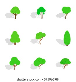 Deciduous trees icons set. Isometric 3d illustration of 9 deciduous trees vector icons for web