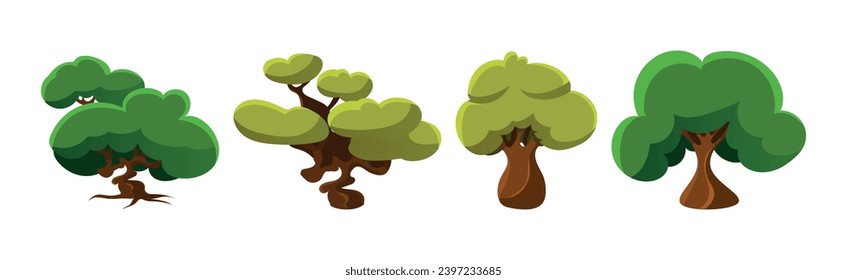 Deciduous Trees with Trunk and Lush Green Crown Vector Set.