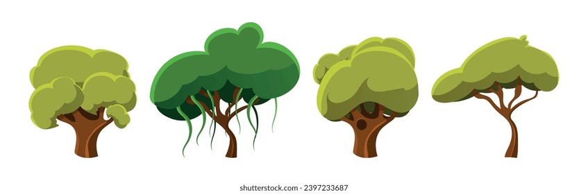 Deciduous Trees with Trunk and Lush Green Crown Vector Set.