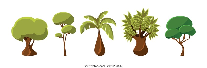 Deciduous Trees with Trunk and Lush Green Crown Vector Set.