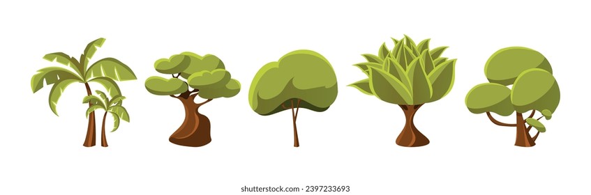 Deciduous Trees with Trunk and Lush Green Crown Vector Set.