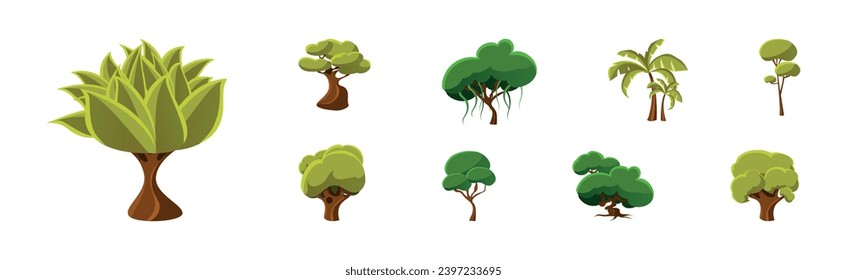 Deciduous Trees with Trunk and Lush Green Crown Vector Set.