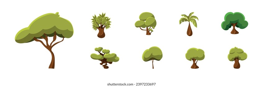 Deciduous Trees with Trunk and Lush Green Crown Vector Set.