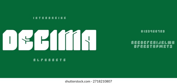 Decima Creative psychedelic sans serif alfabeto mostrar Vector de fuente. Tipografía decorativa de la trampa de tinta