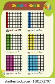 decimal and percentiles number,Circle the correct fraction, Mathematics, math worksheet for kids Circle the correct answer. Find the number equivalent for each pictorial fraction representation.