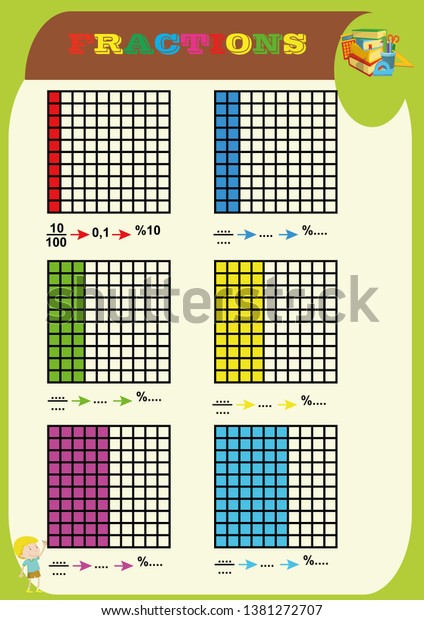 小数と百分位数 正しい分数 数学 子供の数学ワークシートを円で囲みます 各図の分数表現に相当する数を求めます のベクター画像素材 ロイヤリティフリー