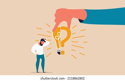 Decision answer and ask to question business problem. Learning concept with solving opinion idea vector illustration. Businessman make wrong choice and success future dilemma. Man with lightbulb mark