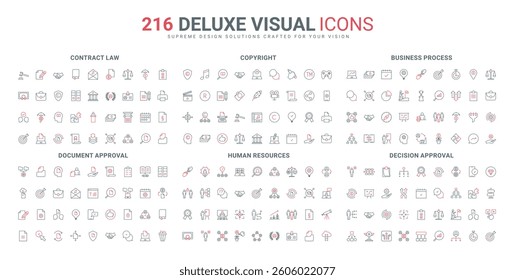 Decision approval and certified document, copyright and agreement line icon set. Employment, business growth and training of employees team thin black and red outline symbols vector illustration