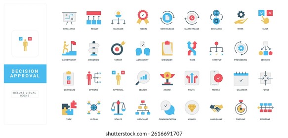 Decision approval, choice of way and direction, challenge focus, agreement color icon set. Ticks approve list options and certified document, task and result, communication flat vector illustration