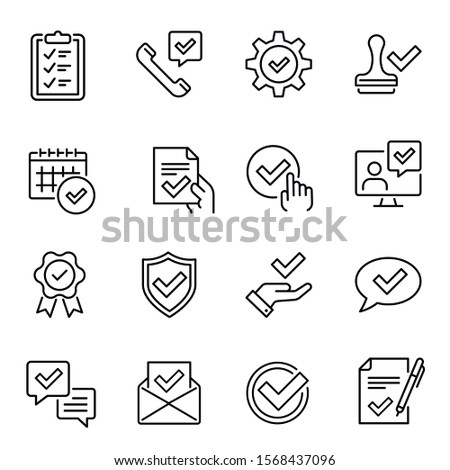 Decision approved with check marks linear icons set. Document confirmation thin line symbols. List with checkboxes, settings approval tick sign, quality badge isolated vector outline illustrations