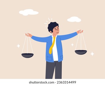 Decision or balance concept. Comparison advantage and disadvantage, integrity or honest truth, pros and cons or measurement, judge or ethical, businessman comparing scale to be equal, fair measuring.