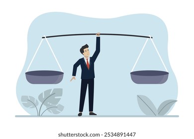 Decision or balance concept comparison advantage, business people weighing fair and equal measurements. Business vector illustration.
