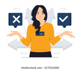 Decision between right or left, yes or no, Business decisions, ethical dilemma, choose, choice, undecided, and feeling confused concept illustration