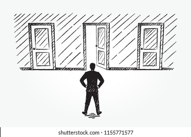 Decision, business concept sketch. Businessman is standing in front of the open door. Vector hand drawn illustration.