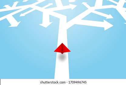 Decision business, Problem solving, way to success concept. Red paper plane flying choose a way to success. paper art style. vector. illustration.