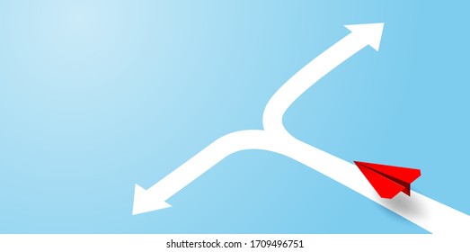 Decision business, Problem solving, way to success concept. Red paper plane flying choose a way to success. paper art style. vector. illustration.