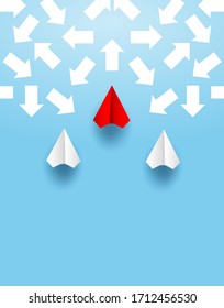 Decision business, Problem solving, way to success concept. Red paper plane flying choose a way to success. paper art style. vector. illustration.
