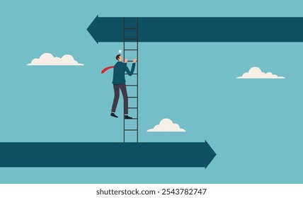 Decision to change to better opportunity. Change business approach. Man climbing ladder between opposite arrows. Suitable for business growth, success, progress concepts in presentations, websites
