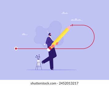 Decision to change direction in business concept, finance, career, decision to renounce or retract, businessman draws a turning point arrow line