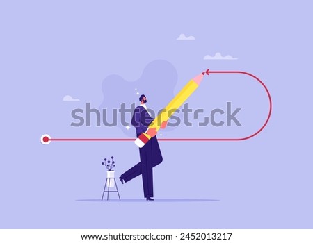 Decision to change direction in business concept, finance, career, decision to renounce or retract, businessman draws a turning point arrow line