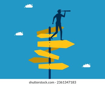 Decision or choice. Businessman using binoculars on road sign 