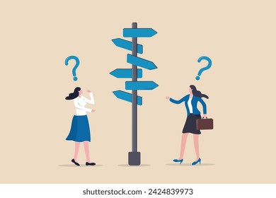 Decision choice, confusion, doubt for opportunity, challenge to choose career path, way to success or tough decision, way to solve problem concept, confused businesswoman make decision choosing path.