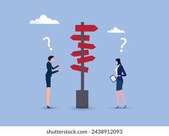 Decision choice, confusion, doubt for opportunity, challenge to choose career path, way to success or tough decision, way to solve problem concept, confused businesswoman make decision choosing path.