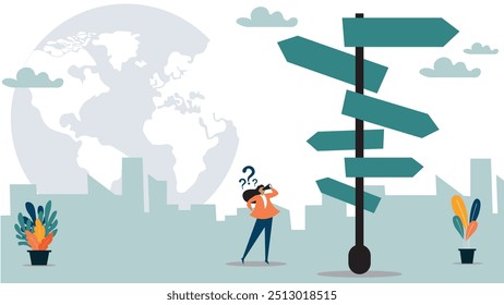 Decision choice, confusion, doubt for opportunity, challenge to choose career path, way to success or tough decision, way to solve problem concept, confused businesswoman make decision choosing path.