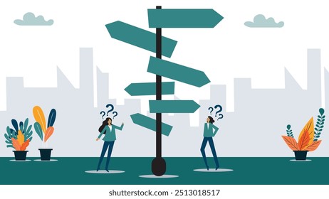 Decision choice, confusion, doubt for opportunity, challenge to choose career path, way to success or tough decision, way to solve problem concept, confused businesswoman make decision choosing path.