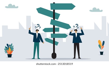 Decision choice, confusion, doubt for opportunity, challenge to choose career path, way to success or tough decision, way to solve problem concept, confused businessman make decision choosing path.