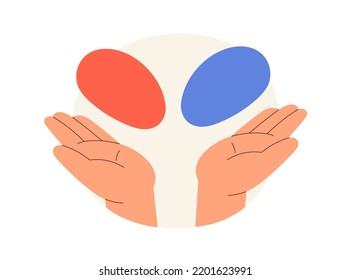 Decision, Choice Making, Dilemma Concept. Hands And Two Options. Doubting, Choosing, Deciding, Selecting From Variants. Weighing Alternatives. Flat Vector Illustration Isolated On White Background