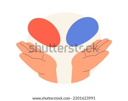 Decision, choice making, dilemma concept. Hands and two options. Doubting, choosing, deciding, selecting from variants. Weighing alternatives. Flat vector illustration isolated on white background