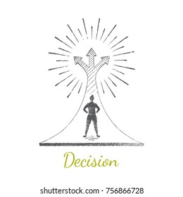 Decision, choice. A woman is standing on a large arrow that rises to the sky. The arrows diverge in three directions. Vector illustration, business concept, hand drawn sketch.