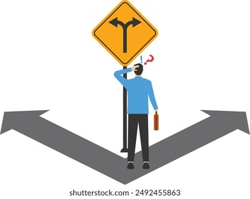 The decision to choose paths, alternatives, or choices, determine the career path, determination or thought to find solutions, contemplate entrepreneurs who think where to go on a road mark.